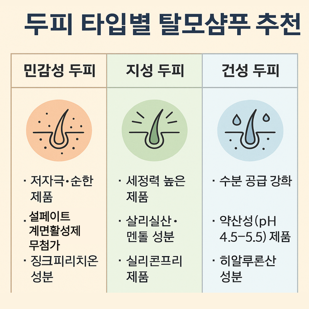 두피 타입별 탈모샴푸 추천 – 민감성, 지성, 건성 두피에 맞는 성분과 특징을 정리한 한눈에 보기 쉬운 인포그래픽