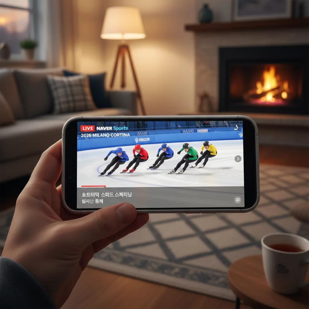 스마트폰으로 네이버 스포츠 앱을 통해 2026 밀라노 코르티나 동계올림픽 쇼트트랙 경기를 시청하고 있는 손의 모습.