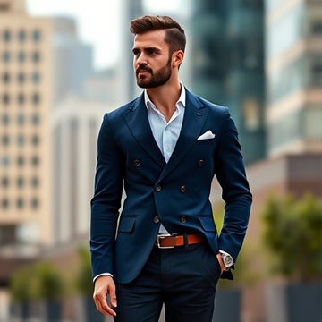 댄디한 양복 입은 남자가 오른쪽을 보고 있음 왼손은 주머니에 넣고 있음