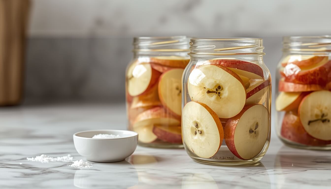 소금물과 설탕물로 갈변을 차단한 사과 슬라이스를 밀폐 용기에 담은 모습