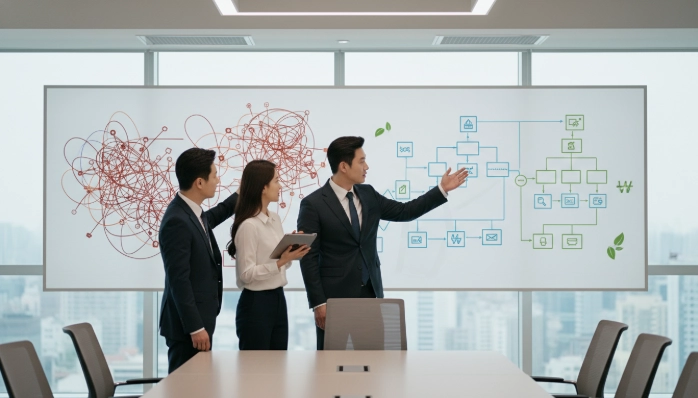 비현실적인 사업 계획(혼란스러운 그래프)과 현실적이고 구체적인 스마트공장 구현 계획(정돈된 흐름도)을 토의하는 한국인 팀원들.