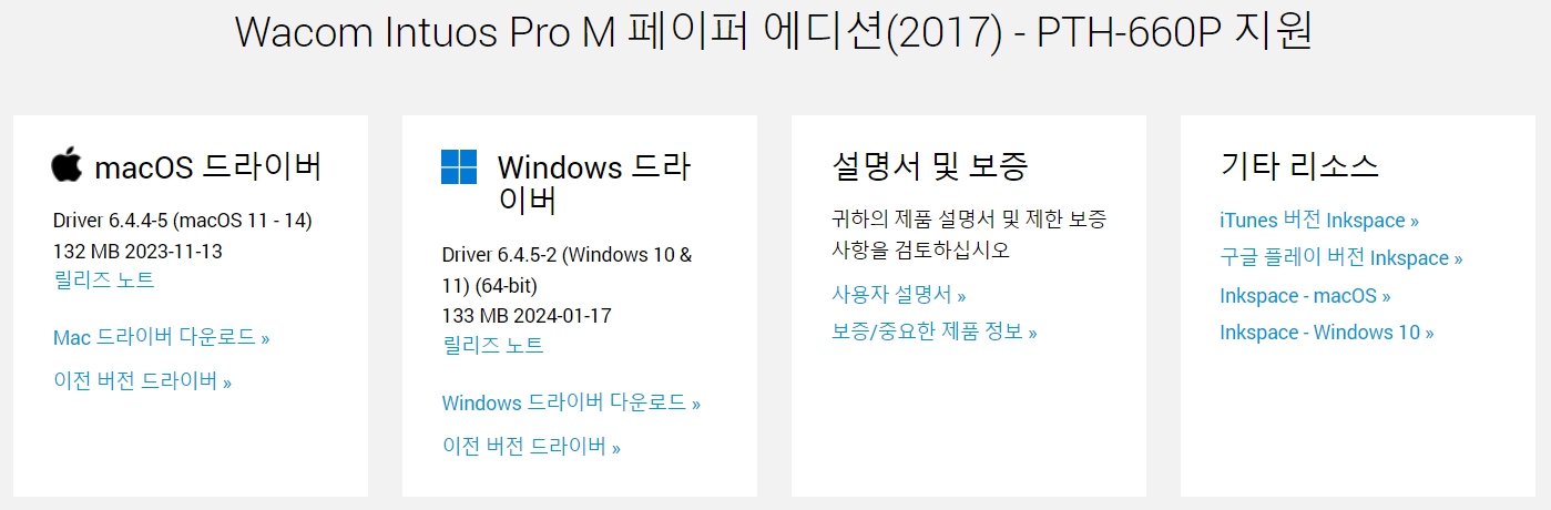 와콤 펜 태블릿 Wacom Intuos Pro M 페이퍼 에디션(2017) PTH-660P드라이버 설치 다운로드
