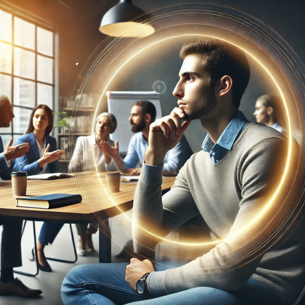 Here is the image representing the scene of thoughtful reflection during a discussion, as you consider whether the conversations align with true wisdom from scripture. It illustrates a quiet moment of discernment in the midst of worldly discussions.