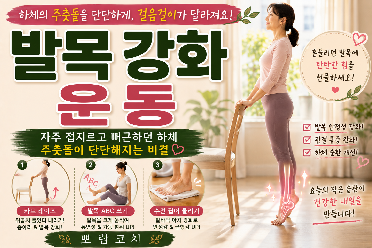 따스한 햇살이 드는 거실에서 의자를 살짝 잡고 바른 자세로 카프 레이즈 동작을 하고 있는 모습