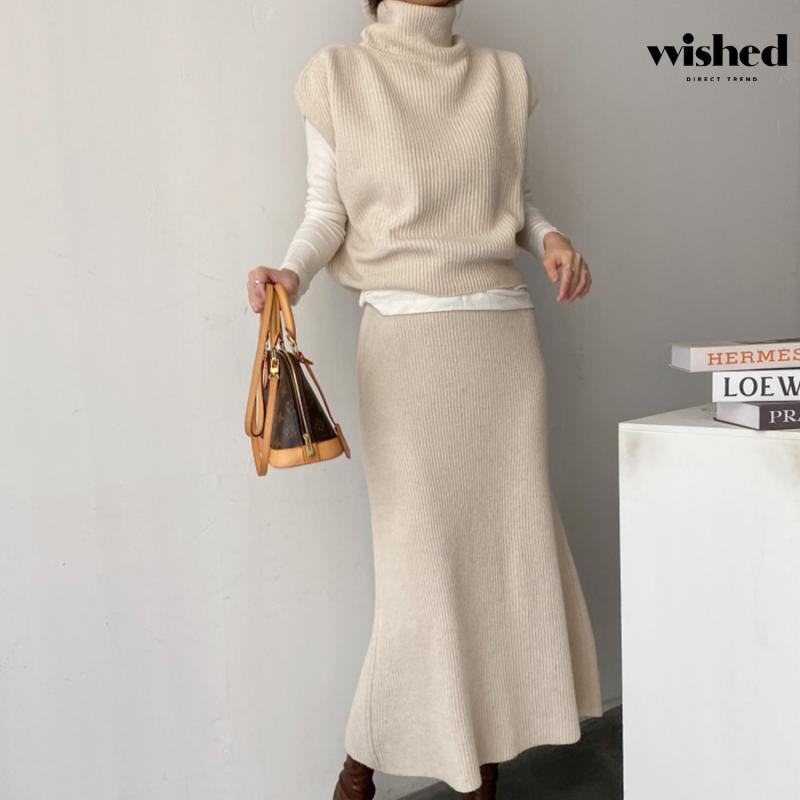 위시드 터틀넥 니트 롱 플레어 스커트 투피스 셋업 WIADOP014