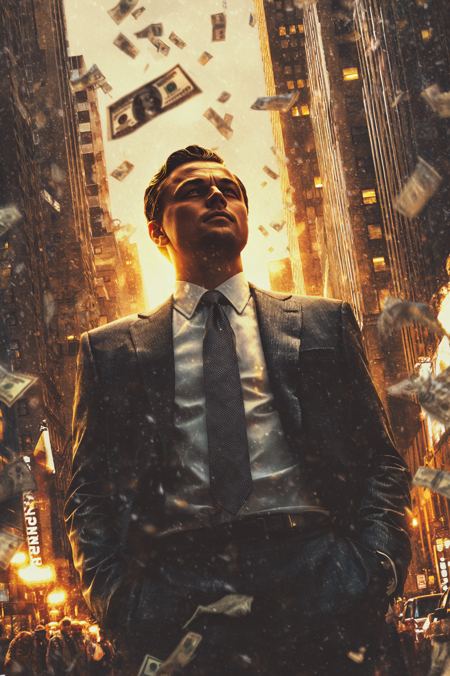 주인공의 자신감 있는 모습과 월스트리트의 네온, 돈이 흩날리는 장면