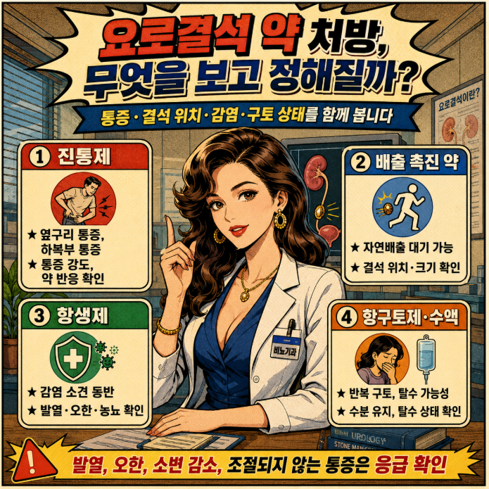 요로결석 약 처방 기준을 통증, 결석 위치, 감염, 구토 상태로 정리한 옛날 만화풍 의료 인포그래픽