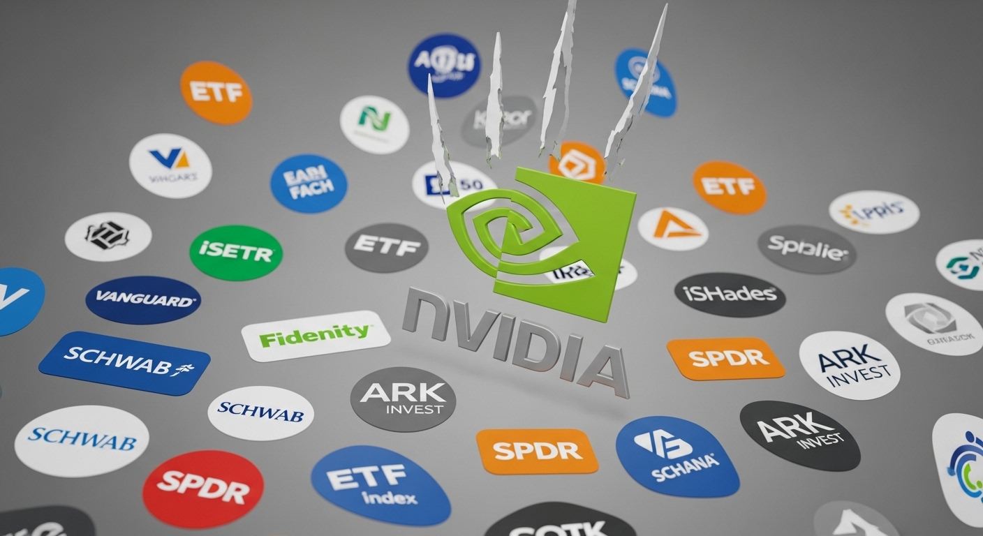ETF와 인덱스 펀드 로고들 사이에서 하락하는 엔비디아 로고