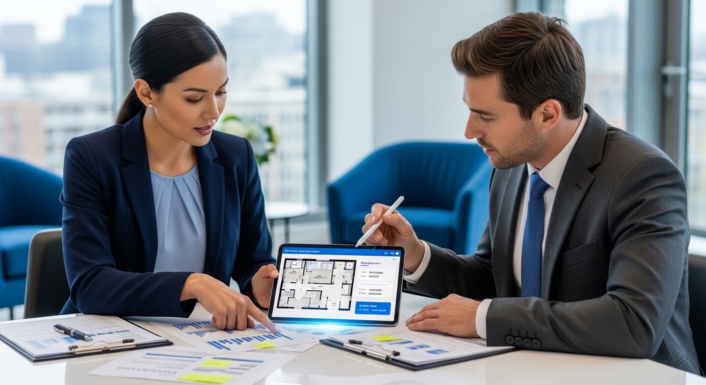 부동산 관련 서류와 태블릿을 보며 심각하게 대화하는 두 전문가의 모습. 경매 투자 시 전문가와 협력의 중요성을 시사합니다.