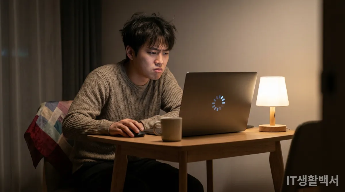 느리게 로딩되는 노트북 화면을 보며 답답해하는 한국인 사용자