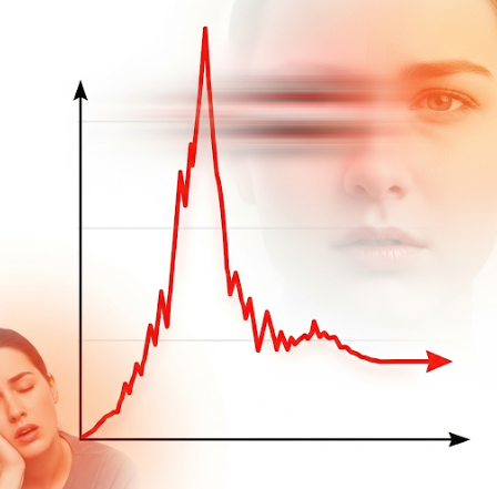 혈당 수치가 급격히 상승했다가 다시 빠르게 하락하는 그래프와 함께, 피로감이나 시야 흐림과 같은 신체적 영향을 암시하는 사진