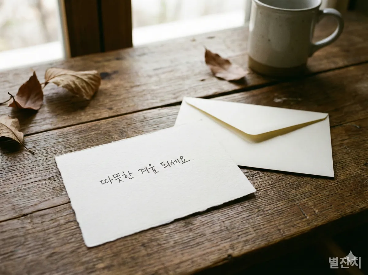 따뜻한 겨울 되세요라는 손글씨 메모와 기부 봉투가 놓인 책상