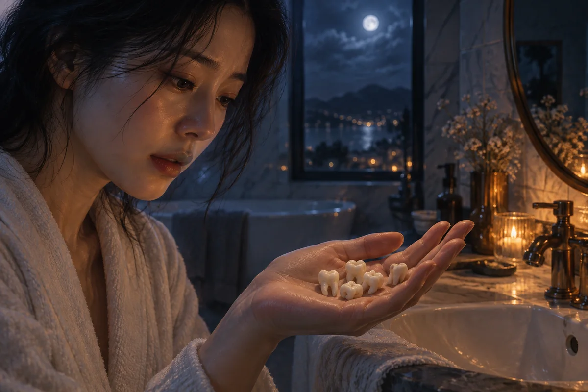 손바닥 위에 빠진 여러 개의 이를 바라보는 꿈 장면