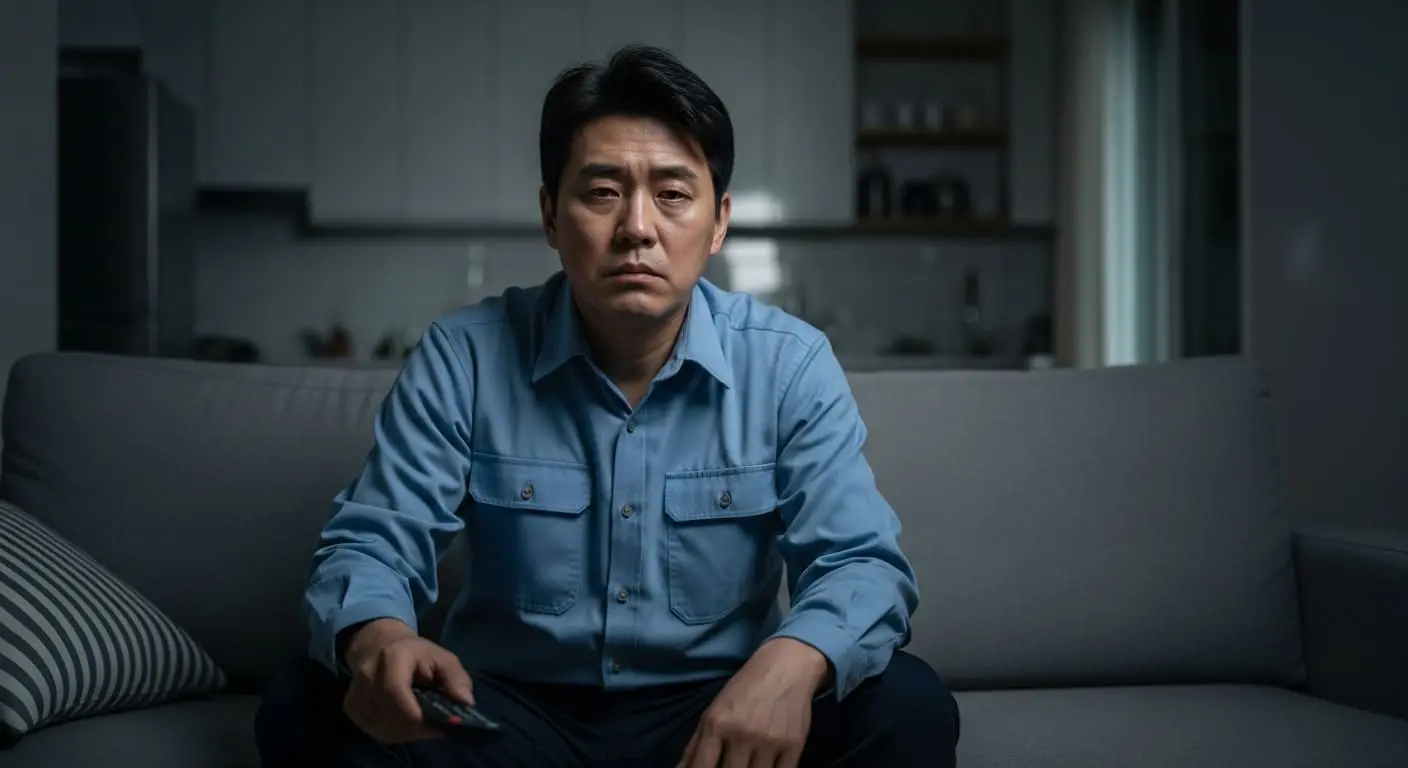챌린지 전, 퇴근 후 피곤에 지쳐 소파에 앉아있는 중년 남성의 모습.
