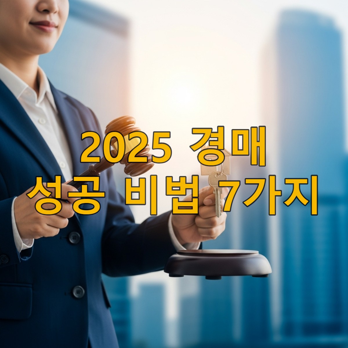 2025년 부동산 경매에서 해맑게 웃으며 낙찰 망치와 집 열쇠를 들고 있는 사람의 모습. 성공적인 부동산 투자를 상징합니다.