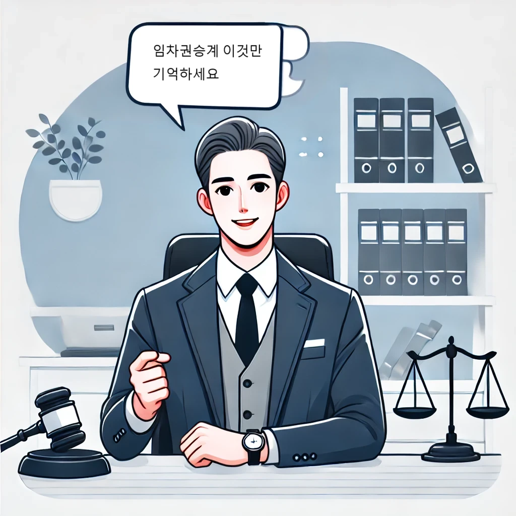 사무실에서 자신감 있는 태도로 서 있는 변호사를 묘사한 그림으로, 법률 서류와 책장이 배경으로 포함되어 있습니다.