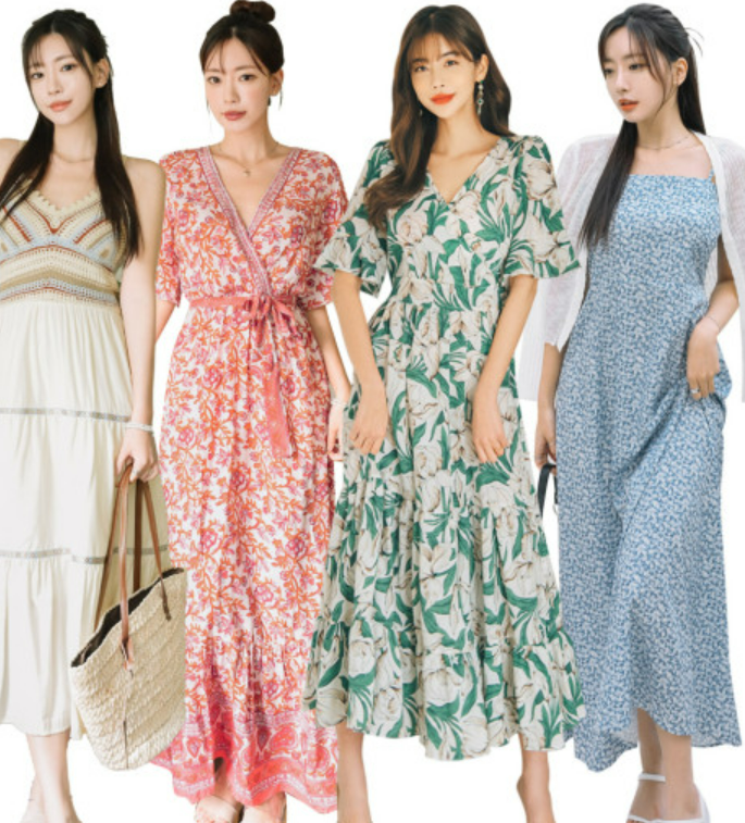 헤링본 여름 원피스 빅사이즈 롱 반팔 쉬폰 나시 휴양지원피스 플리츠 랩 바캉스룩