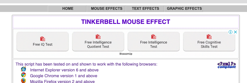 CDATA[ var colour="random"; // in addition to "random" can be set to any valid colour eg "#f0f" or "red" var sparkles=50; /***********************
www.mf2fm.com
✅ 위 링크를 클릭하여 해당 웹사이트로 이동합니다.
✅ 페이지 내의 "MOUSE EFFECTS" 섹션을 찾습니다.
✅ "TINKERBELL" 항목을 클릭합니다.
![