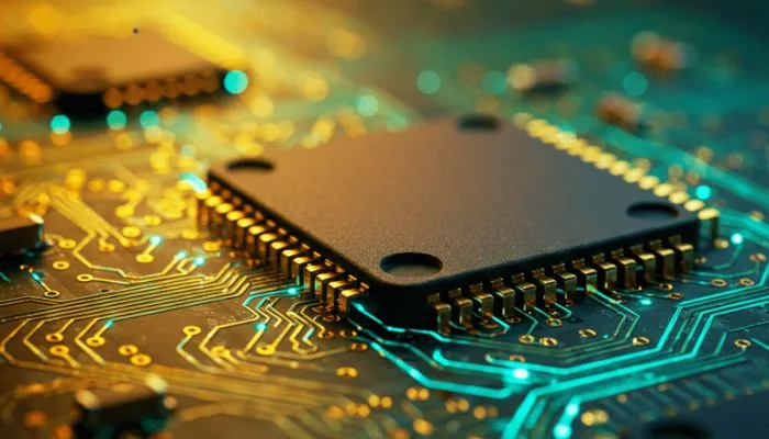 회로 기판 위에 놓인 반도체 칩 클로즈업