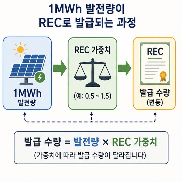 태양광 발전량과 REC 가중치에 따라 실제 발급되는 REC 수량이 달라질 수 있음을 설명하는 그림