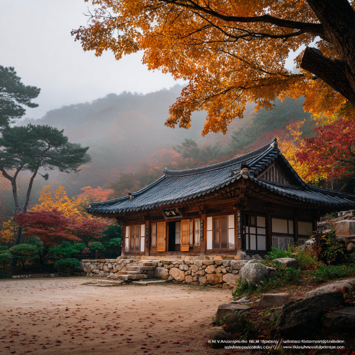 고요한 산사, 안개 낀 새벽에 기와지붕이 보인다.