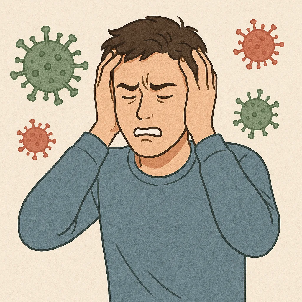 스트레스로-면역-방어가-약해져-바이러스와-세균에-노출된-사람을-상징적으로-표현한-일러스트-텍스트-없는-이미지