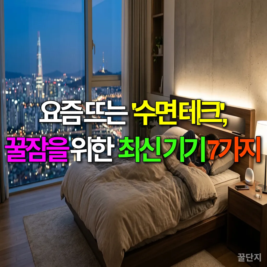 스마트 수면 테크 기기들로 꾸며진 아늑하고 현대적인 한국의 침실 풍경