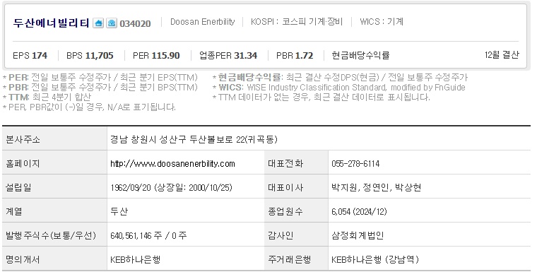 두산에너빌리티 주가 기업개요 (0410)