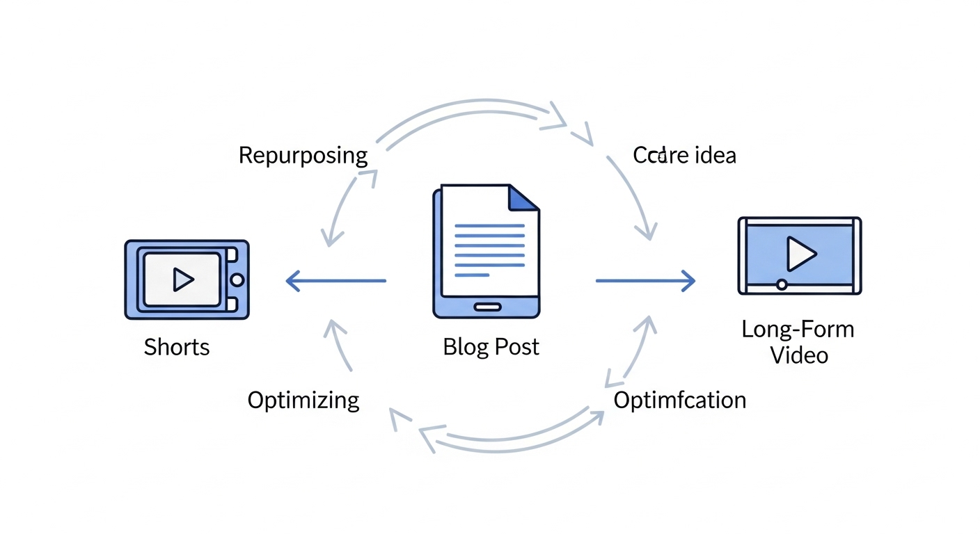 하나의 아이디어가 블로그, 쇼츠, 롱폼 영상으로 재가공되는 콘텐츠 파이프라인 흐름도