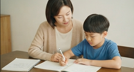 체크리스트를 옆에 두고 아들 숙제를 봐주는 장면
감정 회복 루