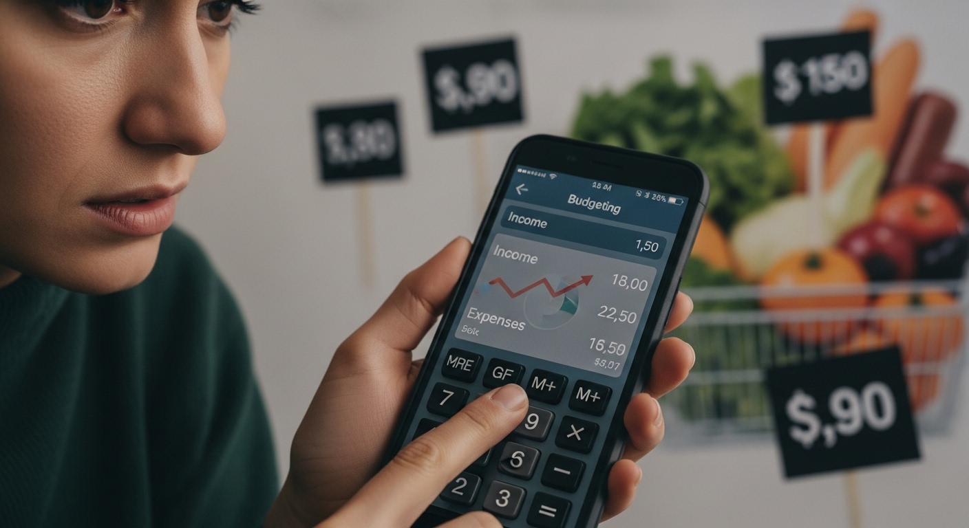 스마트폰 가계부 앱으로 수입과 지출을 계산하며 예산을 관리하는 손