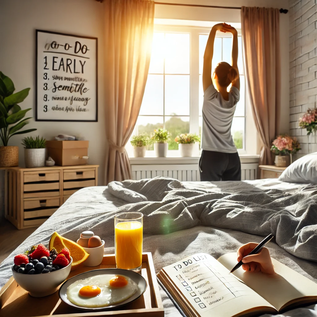 마침에 일어나 햇쌀비치는 창문을 향에 밖을 보며 기지게를 펴는 여인