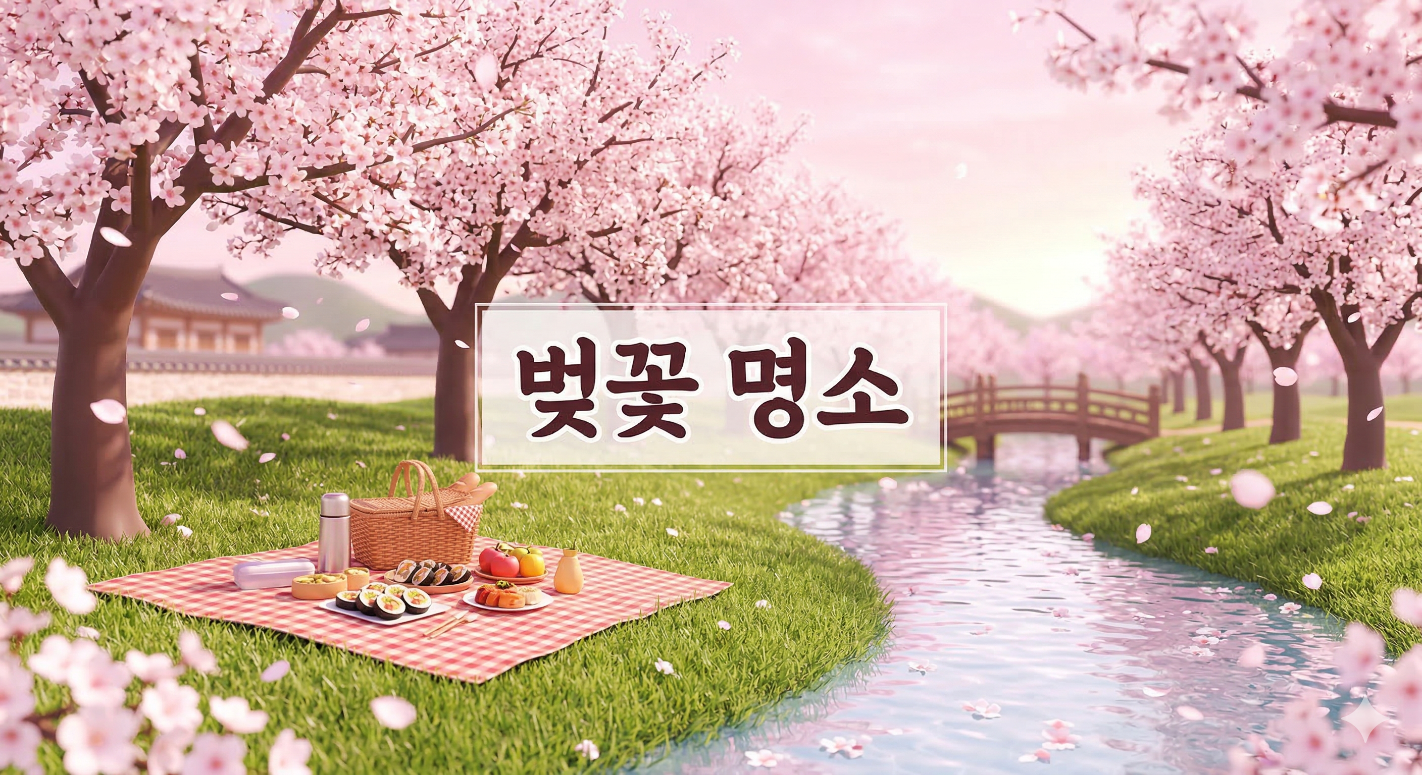 만개한 벚나무 아래 피크닉 매트와 하천 배경에 '벚꽃 명소'라는 한글 문구가 중앙에 적힌 3D 일러스트