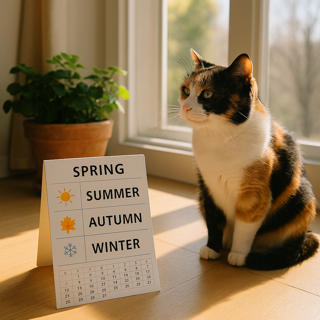계절달력 앞에 앉아있는 고양이 이미지