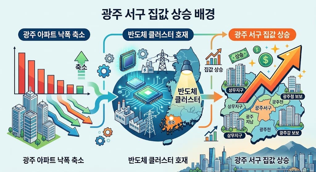 광주 아파트 시장 하락폭 축소와 반도체 클러스터 호재로 서구 상승 흐름을 설명한 이미지