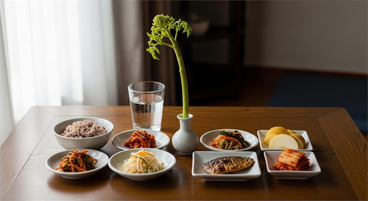 물과 봄나물 반찬으로 균형 있는 식사를 상징한 장면 