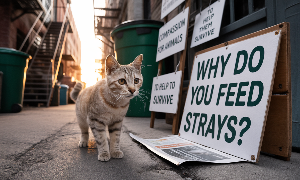 길고양이 급식에 대한 자주 묻는 질문과 답변을 시각적으로 나타낸 이미지.