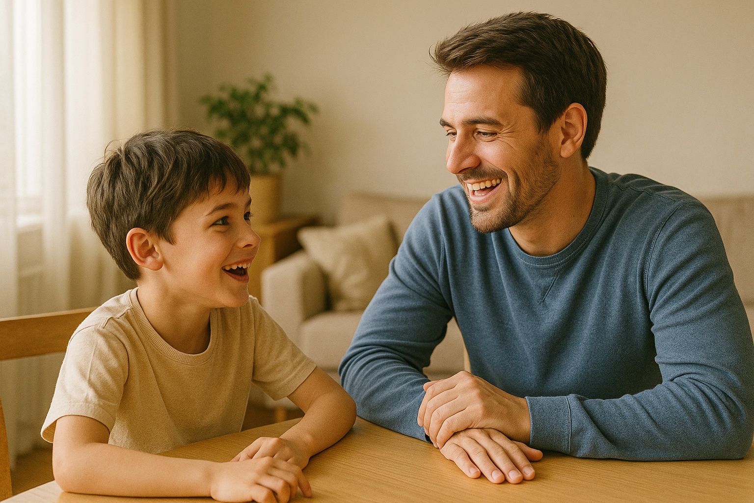 아빠와 아들이 대화를 나누고 있는 모습 사진