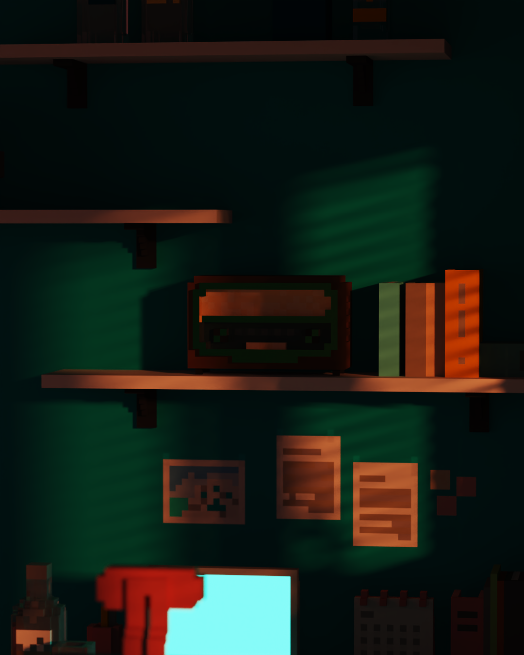 quiet evening, room, sunset, laptop, whiskey, voxel