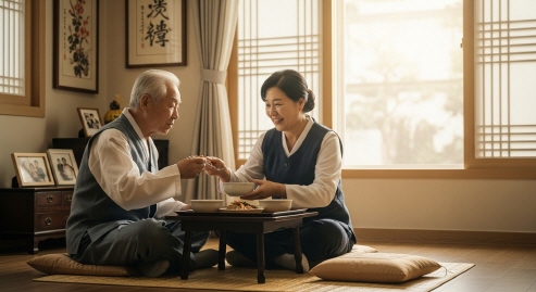 거실에서 식사 보조 중인 요양보호사