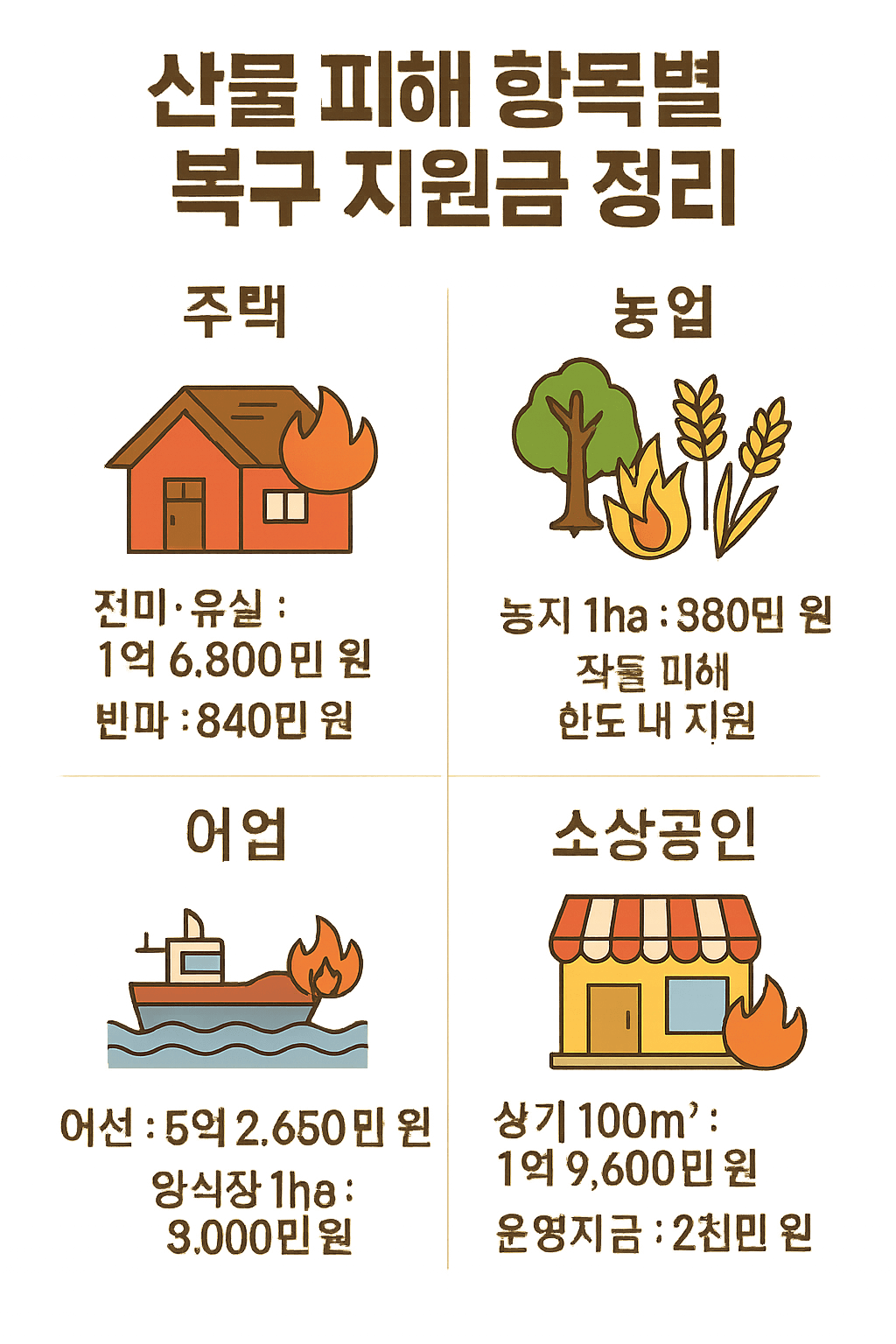 산불 피해 항목별 복구 지원금 정리 인포그래픽
