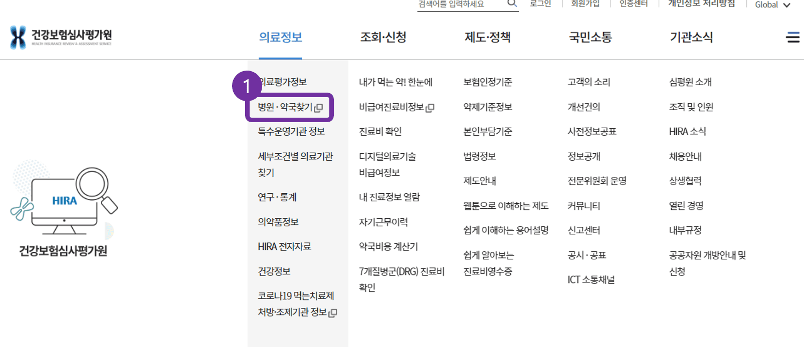 건강보험심사평가원 병웢 찾기 메뉴 화면