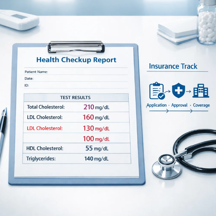 건강검진 결과지에 표시된 LDL 콜레스테롤 수치와 건강보험 급여 트랙 개념 설명 이미지