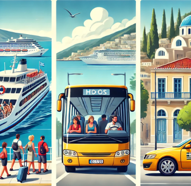 그리스에서 페리, 버스, 택시 이용하는 모습