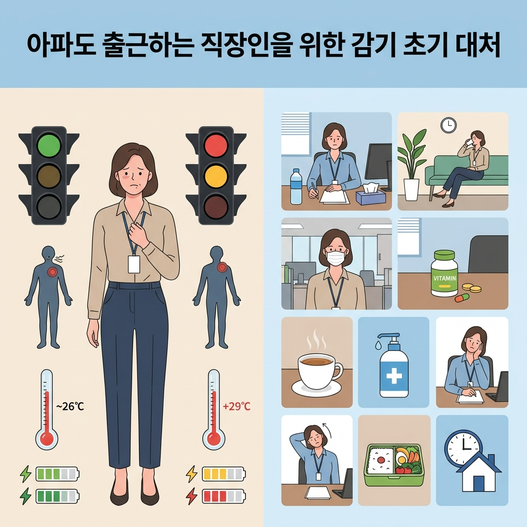 감기 초기에 무리하면 왜 더 오래 아픈지, 그리고 쉬기 어려운 직장인이 출근 판단부터 직장 내 몸 관리, 퇴근 후 회복 루틴까지 현실적으로 실천하는 방법