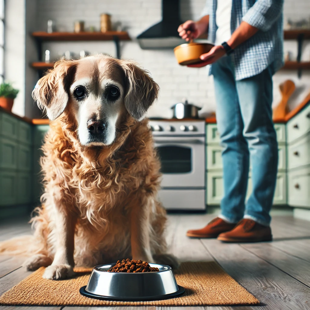 밥그릇 앞에서 혼란스러워하며 먹지 않는 치매 강아지