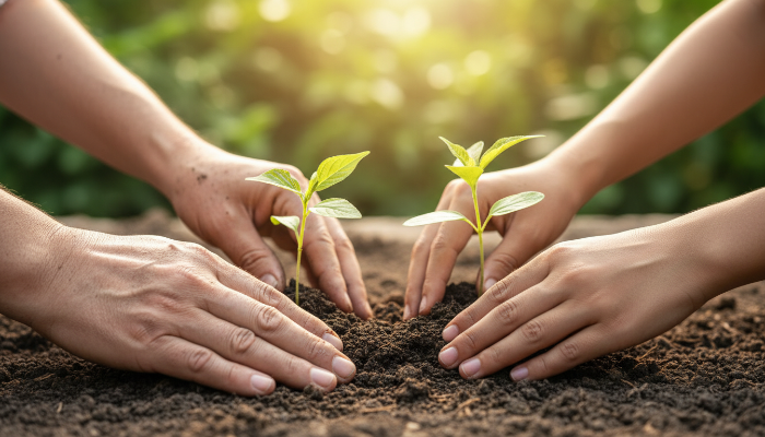 다양한 연령과 인종의 손들이 함께 작은 새싹을 심는 클로즈업 사진, 더 나은 미래를 위한 공동의 노력을 상징
