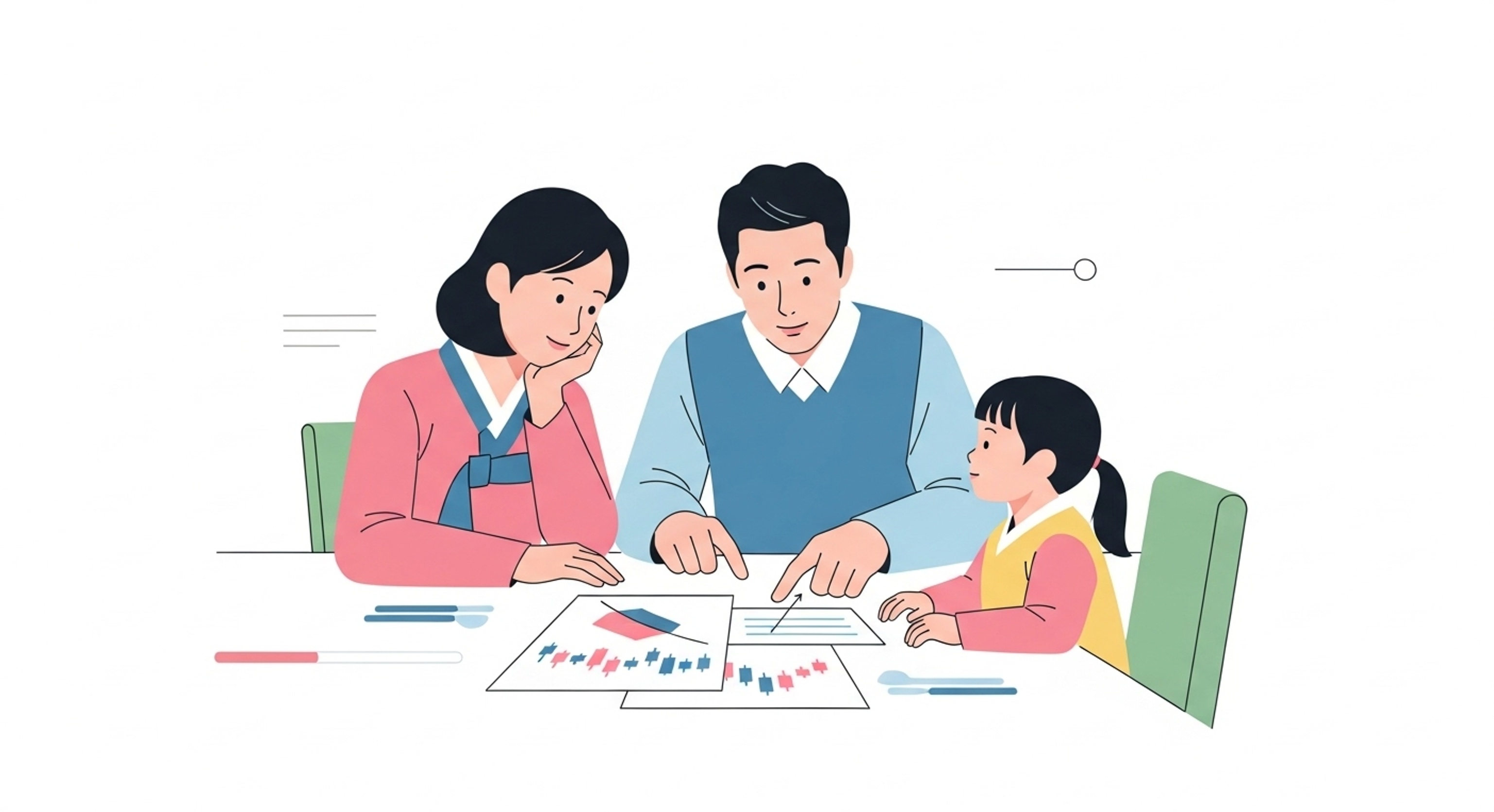 가족이 함께 앉아 자녀에게 주식 증여의 개념을 설명하는 장면입니다.
아이에게 일찍부터 금융 개념을 알려주며 자산 형성의 시작을 함께 준비해야 합니다.
