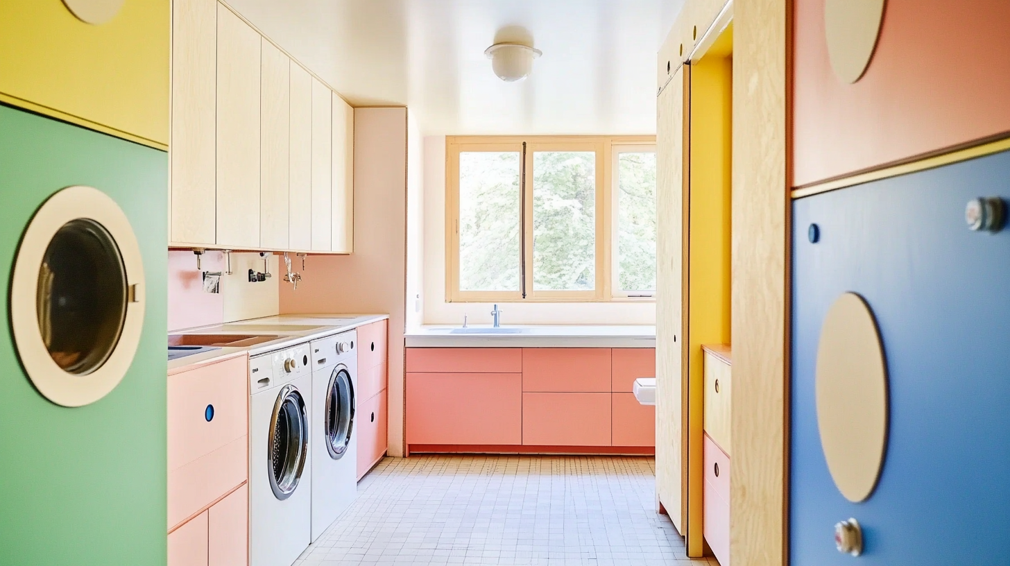 최신 세탁기의 저소음 기능으로 차분한 분위기가 조성된 세탁실.