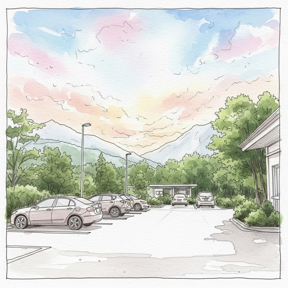 산 입구 근처에 위치한 넓고 쾌적한 주차장